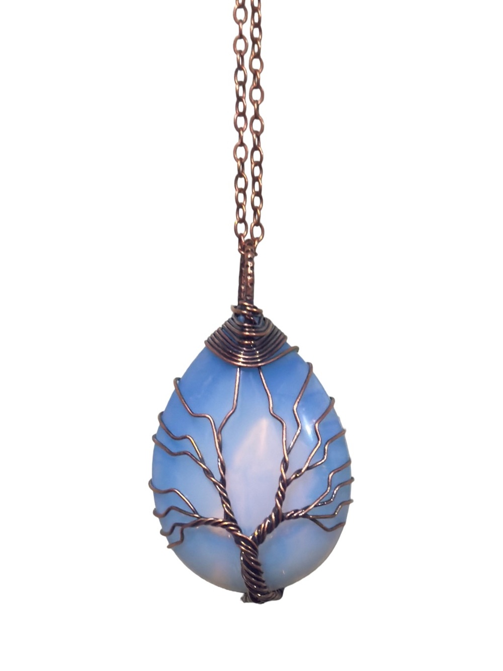 Opalite Tree of Life Wire Wrapped Pendant Necklace Copper Tone